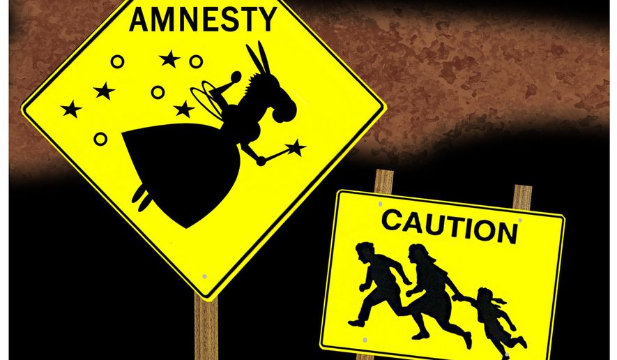 Illustration on amnesty for illegal immigrants by Alexander Hunter/The Washington Times
