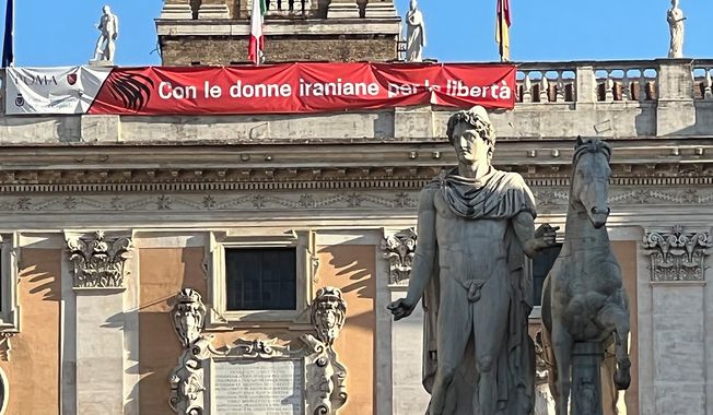 Banner across the facade of the Capitoline Museum in Rome showing support for Iranian protestors (photo supplied to The Washington Times)