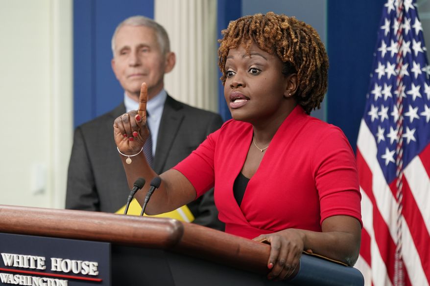 White House press secretary Karine Jean-Pierre speaks alongside Dr. Anthony Fauci, Director of the National Institute of Allergy and Infectious Diseases, during a press briefing at the White House, Tuesday, Nov. 22, 2022, in Washington. (AP Photo/Patrick Semansky)