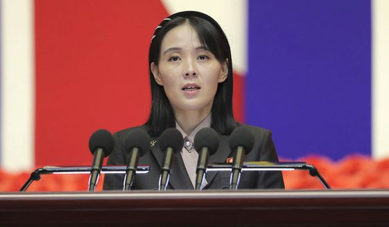 This photo provided on Aug. 14, 2022, by the North Korean government, Kim Yo-jong, sister of North Korean leader Kim Jong Un, delivers a speech during the national meeting against the coronavirus, in Pyongyang, North Korea, on Wednesday, Aug. 10, 2022, The influential sister of North Korean leader Kim Jong Un has warned the United States that it would face “a more fatal security crisis” as Washington pushes for U.N. condemnation of the North’s recent intercontinental ballistic missile test. (Korean Central News Agency/Korea News Service via AP)