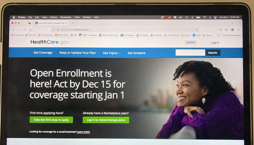 The healthcare.gov website is seen on Nov. 1, 2022 in Washington.  The Biden administration says it’s seeing a big uptick in the number of new customers buying private health insurance for 2023 from the Affordable Care Act’s marketplace.  (AP Photo, File)