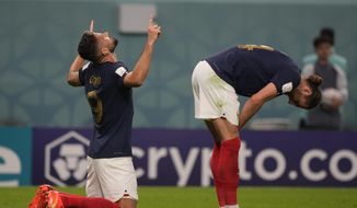 France&#39;s Olivier Giroud celebrate after he scored during the World Cup group D soccer match between France and Australia, at the Al Janoub Stadium in Al Wakrah, Qatar, Friday, Nov. 4, 2022. (AP Photo/Frank Augstein)