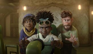 This image released by Disney shows Ethan Clade, voiced by Jaboukie Young-White, left, Meridian Clade, voiced by Gabrielle Union, center, and Searcher Clade, voiced by Jake Gyllenhaal, in a scene from the animated film &quot;Strange World.&quot; (Disney via AP)