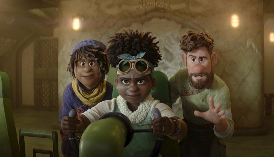 This image released by Disney shows Ethan Clade, voiced by Jaboukie Young-White, left, Meridian Clade, voiced by Gabrielle Union, center, and Searcher Clade, voiced by Jake Gyllenhaal, in a scene from the animated film &quot;Strange World.&quot; (Disney via AP)