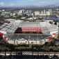 A photograph taken using a drone shows Manchester United&#39;s Old Trafford stadium after owners the Glazer family announced they are considering selling the club as they &amp;quot;explore strategic alternatives&amp;quot;, Manchester, England, Wednesday, Nov. 23, 2022. On Tuesday, the same day the potential sale was annnounced it was also it was also confirmed that Cristiano Ronaldo had left Manchester United by mutual consent. (AP Photo/Jon Super)