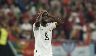 Ghana&#x27;s Inaki Williams gestures at the end of the World Cup group H soccer match between Portugal and Ghana, at the Stadium 974 in Doha, Qatar, Thursday, Nov. 24, 2022. (AP Photo/Hassan Ammar)
