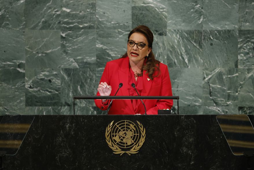 Honduras' President Xiomara Castro addresses the 77th session of the United Nations General Assembly at U.N. headquarters in New York, Sept. 20, 2022. Honduras became the second country in Central America to declare a state of emergency to fight gang crimes like extortion. Late Thursday, Nov. 24, Castro proposed a measure to limit constitutional rights so as to round up gang members. (AP Photo/Jason DeCrow, File)