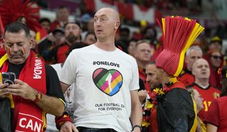 Germany&#39;s supporter wearing a rainbow jersey waits for the World Cup group F soccer match between Belgium and Canada, at the Ahmad Bin Ali Stadium in Doha, Qatar, Wednesday, Nov. 23, 2022. (AP Photo/Martin Meissner)