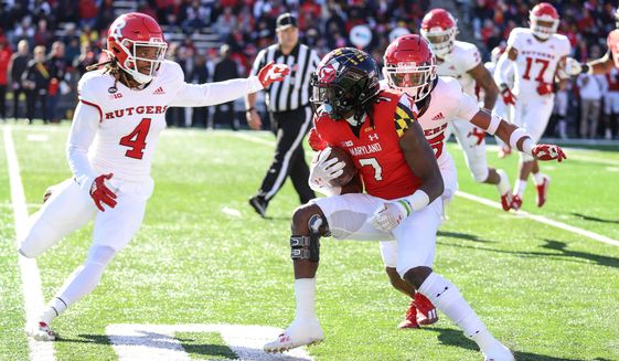 Maryland Terrapins WR Dontay Demus Jr. (7) runs with the ball, manuevuring through the defense at the Maryland Terrapins vs Rutgers game at SECU Stadium in College Park MD on November 26th 2022 (Photo: All-Pro Reels/Alyssa Howell)