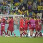 Serbia&#39;s players leave the pitch at the end of the World Cup group G soccer match between Brazil and Serbia, at the Lusail Stadium in Lusail, Qatar, Thursday, Nov. 24, 2022. (AP Photo/Aijaz Rahi)