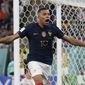 France&#39;s Kylian Mbappe celebrates after scoring his sides second goal during the World Cup group D soccer match between France and Denmark, at the Stadium 974 in Doha, Qatar, Saturday, Nov. 26, 2022. (AP Photo/Thanassis Stavrakis)