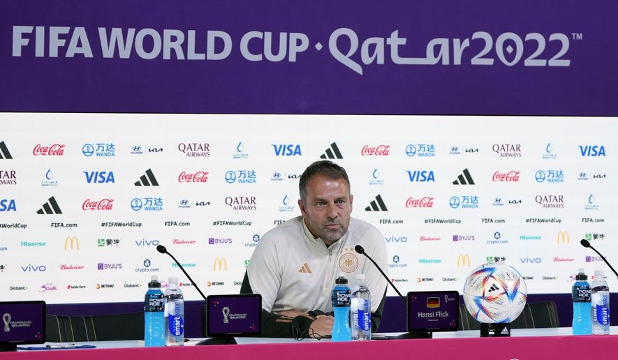 Germany&#39;s head coach Hansi Flick attends a news conference on the eve of the group E World Cup soccer match between Germany and Spain, in Doha, Qatar, Saturday, Nov. 26, 2022. Germany will play the second match against Spain on Sunday, Nov. 27. (AP Photo/Matthias Schrader)