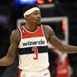 Washington Wizards guard Bradley Beal (3) in action during the second half of an NBA basketball game against the Oklahoma City Thunder, Wednesday, Nov. 16, 2022, in Washington. (AP Photo/Nick Wass)