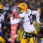 Green Bay Packers quarterback Aaron Rodgers (12) is pressured by Philadelphia Eagles&#39; Javon Hargave during the first half of an NFL football game, Sunday, Nov. 27, 2022, in Philadelphia. (AP Photo/Matt Slocum) **FILE**