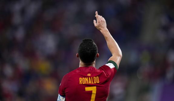 Portugal&#39;s Cristiano Ronaldo celebrates after scoring from the penalty spot his side&#39;s opening goal against Ghana during a World Cup group H soccer match at the Stadium 974 in Doha, Qatar, Thursday, Nov. 24, 2022. (AP Photo/Manu Fernandez) **FILE**