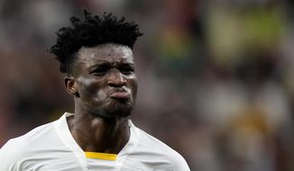 Ghana&#39;s Mohammed Kudus celebrates after scoring his side&#39;s third goal during the World Cup group H soccer match between South Korea and Ghana, at the Education City Stadium in Al Rayyan , Qatar, Monday, Nov. 28, 2022. (AP Photo/Luca Bruno)