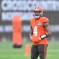 Cleveland Browns quarterback Deshaun Watson stands on the field during an NFL football practice at the team&#39;s training facility Wednesday, Nov. 16, 2022, in Berea, Ohio. (AP Photo/David Richard)
