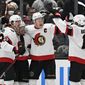 Ottawa Senators celebrate a goal against the Los Angeles Kings during the second period in an NHL hockey game Sunday, Nov. 27, 2022, in Los Angeles. (AP Photo/John McCoy)