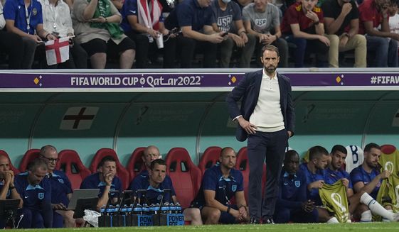 England&#39;s head coach Gareth Southgate watches play during the World Cup group B soccer match between England and The United States, at the Al Bayt Stadium in Al Khor , Qatar, Friday, Nov. 25, 2022. (AP Photo/Abbie Parr) **FILE**