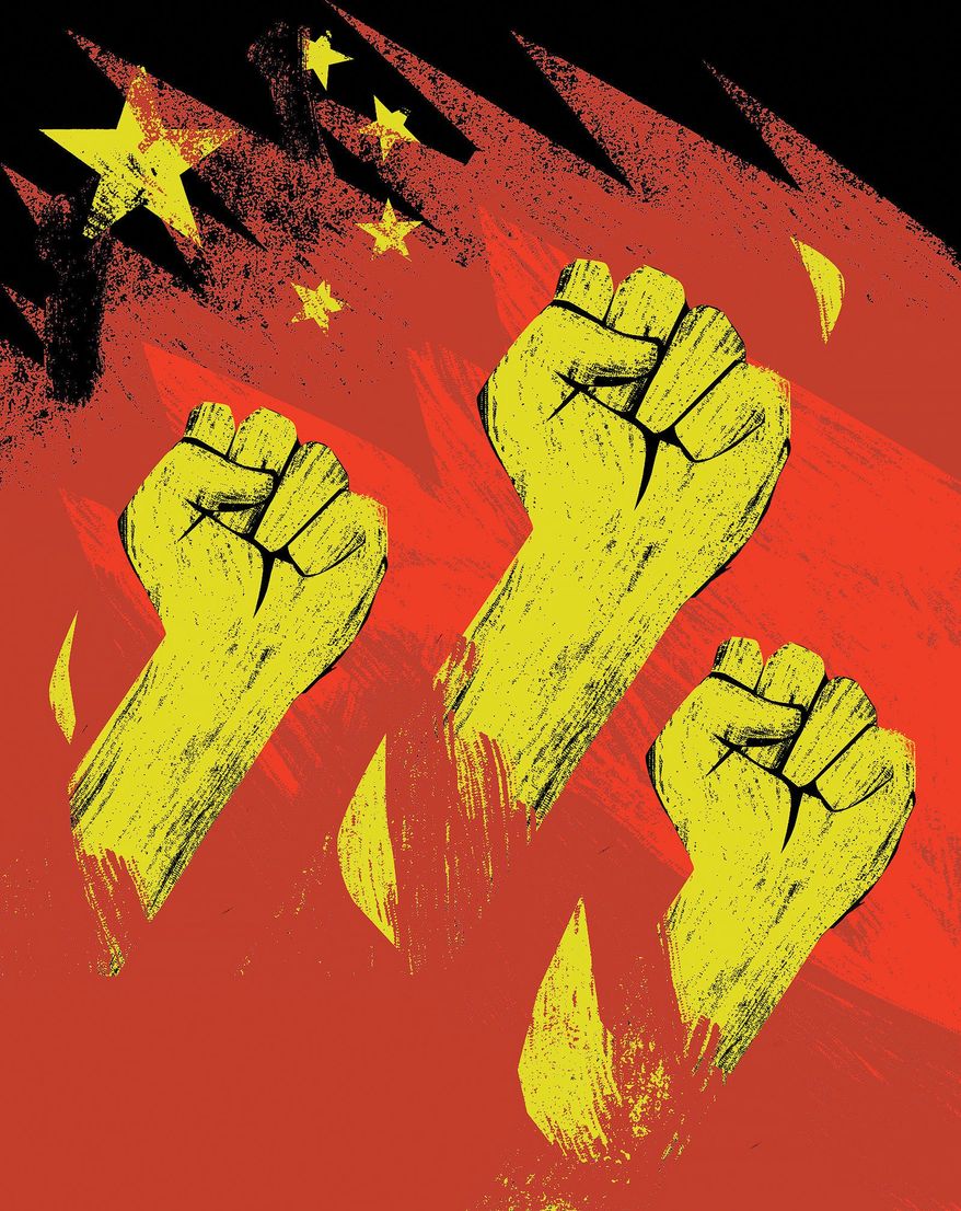 Illustration on Biden and protests in China by Linas Garsys/The Washington Times