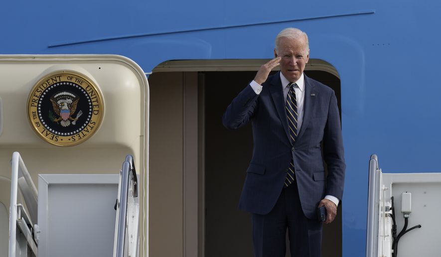 President Joe Biden boards Air Force One at Andrews Air Force Base, Md., on Tuesday, Nov. 29, 2022. Biden is traveling to Bay City, Michigan to discuss jobs. (AP Photo/Manuel Balce Ceneta)