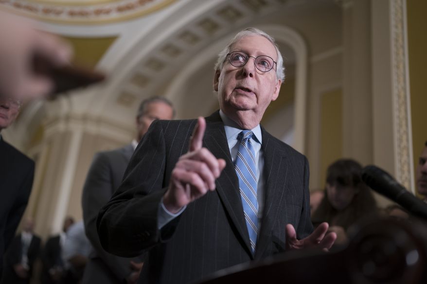 Senate Republican Leader Mitch McConnell, R-Ky., speaks to reporters following a closed-door policy meeting, at the Capitol in Washington, Tuesday, Nov. 29, 2022. (AP Photo/J. Scott Applewhite) ** FILE **
