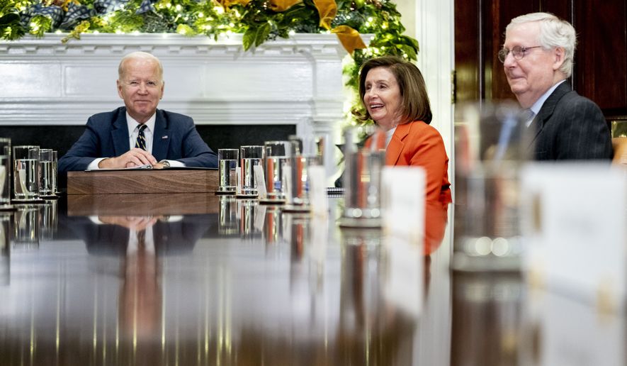 From left: President Joe Biden, House Speaker Nancy Pelosi of California and Senate Minority Leader Mitch McConnell of Kentucky attend a meeting with congressional leaders to discuss legislative priorities for the rest of the year in the Roosevelt Room of the White House in Washington on Tuesday, Nov. 29, 2022. (AP Photo/Andrew Harnik) **FILE**