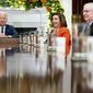 From left: President Joe Biden, House Speaker Nancy Pelosi of California and Senate Minority Leader Mitch McConnell of Kentucky attend a meeting with congressional leaders to discuss legislative priorities for the rest of the year in the Roosevelt Room of the White House in Washington on Tuesday, Nov. 29, 2022. (AP Photo/Andrew Harnik) **FILE**