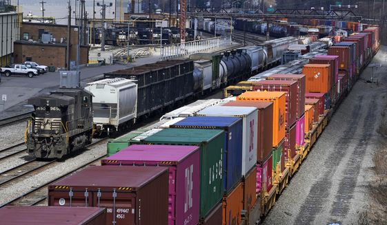 Freight train cars and containers at Norfolk Southern Railroad&#39;s Conway Yard in Conway, Pa., April 2, 2021. President Joe Biden&#39;s call for Congress to intervene in the railroad contract dispute undercuts the unions&#39; efforts to address workers&#39; quality of life concerns, but businesses stress that it is crucial to avoid a strike that would devastate the economy. (AP Photo/Gene J. Puskar, File)