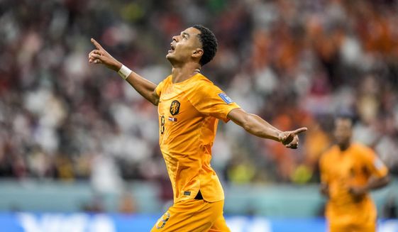 Cody Gakpo of the Netherlands celebrates after scoring his side&#39;s opening goal during the World Cup group A soccer match between the Netherlands and Qatar, at the Al Bayt Stadium in Al Khor , Qatar, Tuesday, Nov. 29, 2022. (AP Photo/Moises Castillo)