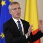 NATO Secretary-General Jens Stoltenberg gestures during joint statements with Romanian President Klaus Iohannis in Bucharest, Romania, Monday, Nov. 28, 2022, a day before the start of the meeting of NATO Foreign Ministers. NATO returns to the scene of one of its most controversial decisions and where it intends to repeat its vow that Ukraine, now suffering through the 10th month of a war against Russia, will be able to join the world&#39;s biggest military alliance one day. (AP Photo/Alexandru Dobre)