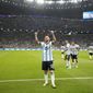 Argentina&#x27;s Lionel Messi celebrates after scoring his side&#x27;s opening goal during the World Cup group C soccer match between Argentina and Mexico, at the Lusail Stadium in Lusail, Qatar, Saturday, Nov. 26, 2022. (AP Photo/Ariel Schalit)