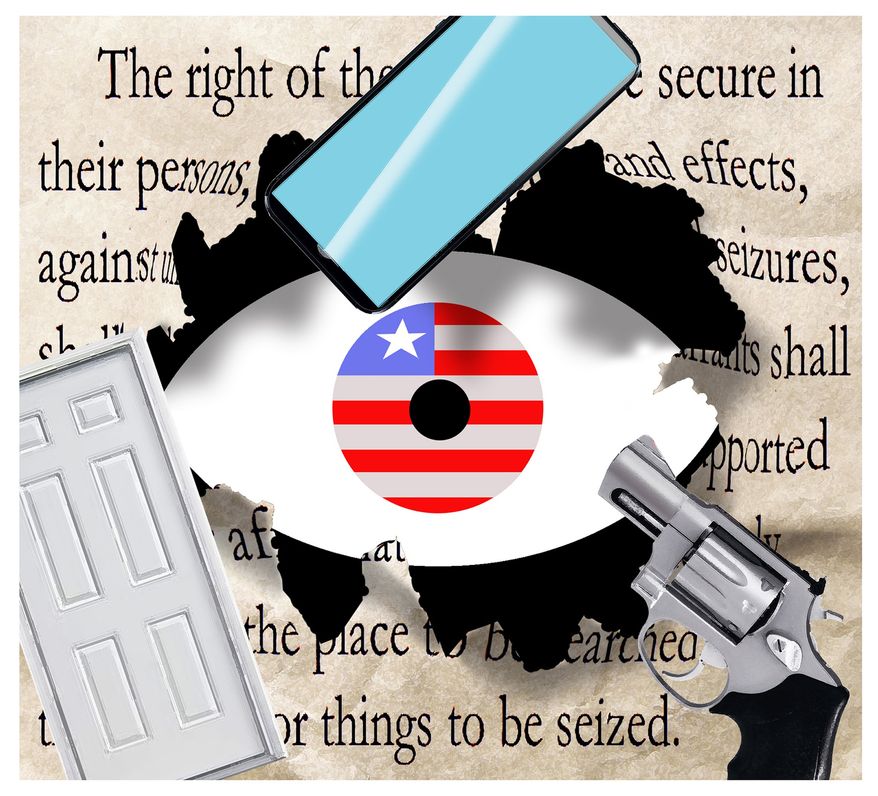 Illustration on government violations of the Fourth Amendment by Alexander Hunter/The Washington Times