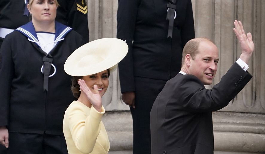 Prince William and Kate, Duchess of Cambridge, arrive for a service of thanksgiving for the reign of Queen Elizabeth II at St Paul&#x27;s Cathedral in London, on June 3, 2022, on the second of four days of celebrations to mark the Platinum Jubilee. The Prince and Princess of Wales’s first overseas trip since the death of Queen Elizabeth II, which begins Wednesday, will show the world as much about what they are not as who they are. (AP Photo/Alberto Pezzali, File)