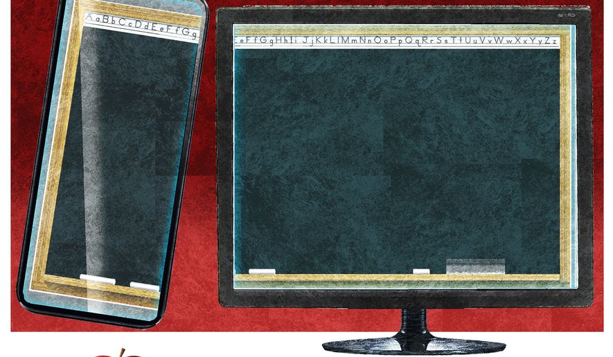 Illustration on the rise of virtual schooling by Alexander Hunter/The Washington Times