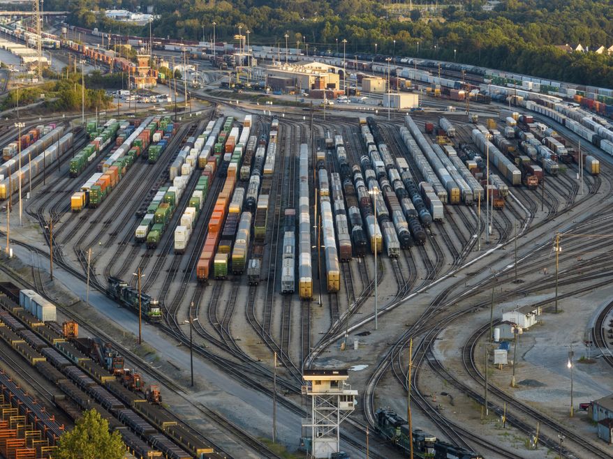 Freight train cars sit in a Norfolk Southern rail yard on Sept. 14, 2022, in Atlanta. (AP Photo/Danny Karnik, File)