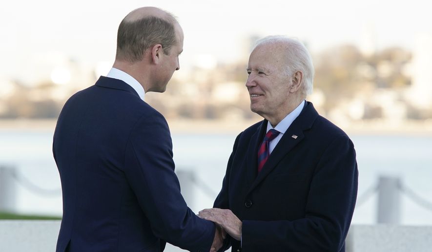 President Joe Biden shakes hands with Britain&#39;s Prince William as they meet outside the John F. Kennedy Presidential Library and Museum, Friday, Dec. 2, 2022, in Boston. (AP Photo/Patrick Semansky)