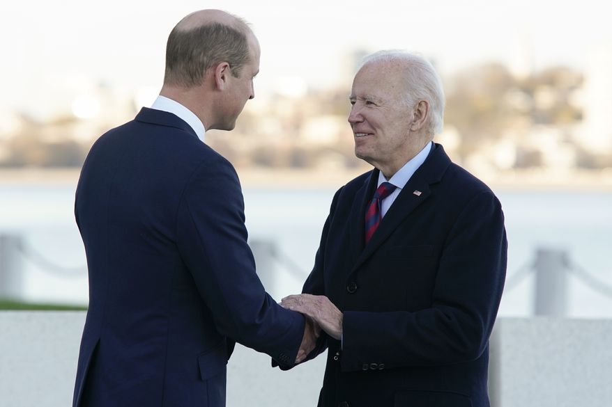President Joe Biden shakes hands with Britain&#x27;s Prince William as they meet outside the John F. Kennedy Presidential Library and Museum, Friday, Dec. 2, 2022, in Boston. (AP Photo/Patrick Semansky)