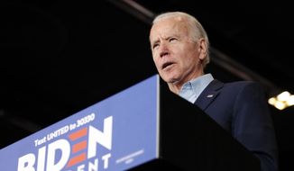 Democratic presidential candidate former Vice President Joe Biden speaks at a caucus night campaign rally on Feb. 3, 2020, in Des Moines, Iowa. (AP Photo/John Locher, File)