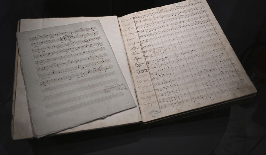 A Ludwig van Beethoven&#39;s music manuscript, is seen in the Moravian Museum&#39;s collection in Brno on Nov. 30 2022, in Brno, Slovakia. The autograph of the 4th movement of the string quartet in B-flat Major, op. 130, one of the highly valued late quartets by the German composer, is finally to be returned to the heirs of the rightful owners, once the richest family in pre-World War II Czechoslovakia, whose members had to flee the country to escape the Holocaust. (Šálek Václav/CTK via AP)