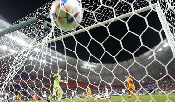 Daley Blind of the Netherlands scores his side&#39;s second goal during the World Cup round of 16 soccer match between the Netherlands and the United States, at the Khalifa International Stadium in Doha, Qatar, Saturday, Dec. 3, 2022. (AP Photo/Francisco Seco)