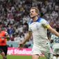 England&#39;s Harry Kane celebrates scoring his side&#39;s second goal during the World Cup round of 16 soccer match between England and Senegal, at the Al Bayt Stadium in Al Khor, Qatar, Sunday, Dec. 4, 2022. (AP Photo/Frank Augstein)