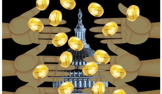 Illustration on FTX&#39; cryptocurrency political activities by Alexander Hunter/The Washington Times