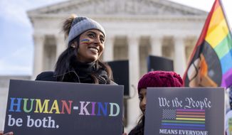 Pro-gay rights supporter Amrita Bhowmick and her daughter Maya, 10, stand outside the Supreme Court in Washington, Monday, Dec. 5, 2022. The Supreme Court is hearing the case of a Christian graphic artist who objects to designing wedding websites for gay couples, that&#39;s the latest clash of religion and gay rights to land at the highest court. (AP Photo/Andrew Harnik)