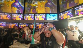 Soccer fan Misty Alvarez reacts at watch party after the Netherlands scored a goal on the United States in the Qatar 2022 World Cup Round of 16 soccer match, in Los Angeles, Saturday, Dec. 3, 2022. (AP Photo/Ringo H.W. Chiu)