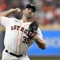 Houston Astros starting pitcher Justin Verlander throws to a Minnesota Twins batter during the first inning of a baseball game Aug. 23, 2022, in Houston. Verlander won the American League Cy Young Award on Wednesday night, Nov. 16. (AP Photo/David J. Phillip, File) **FILE**