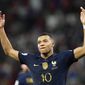 France&#39;s Kylian Mbappe celebrates scoring his side&#39;s third goal during the World Cup round of 16 soccer match between France and Poland, at the Al Thumama Stadium in Doha, Qatar, Sunday, Dec. 4, 2022. (AP Photo/Martin Meissner)
