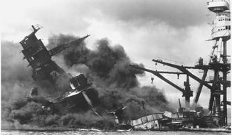 A U.S Navy photograph documenting the Japanese attack on Pearl Harbor, Hawaii which initiated US participation in World War II. Navy&#x27;s caption: The battleship USS Arizona is sinking after being hit by Japanese air attack on Dec. 7,1941. (U.S. Navy)