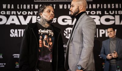 WBA lightweight champion Gervonta Davis poses for a staredown with challenger Hector Luis Garcia ahead of a Jan. 7 fight at Capital One Area (photo courtesy of Amanda Wescott/Showtime)