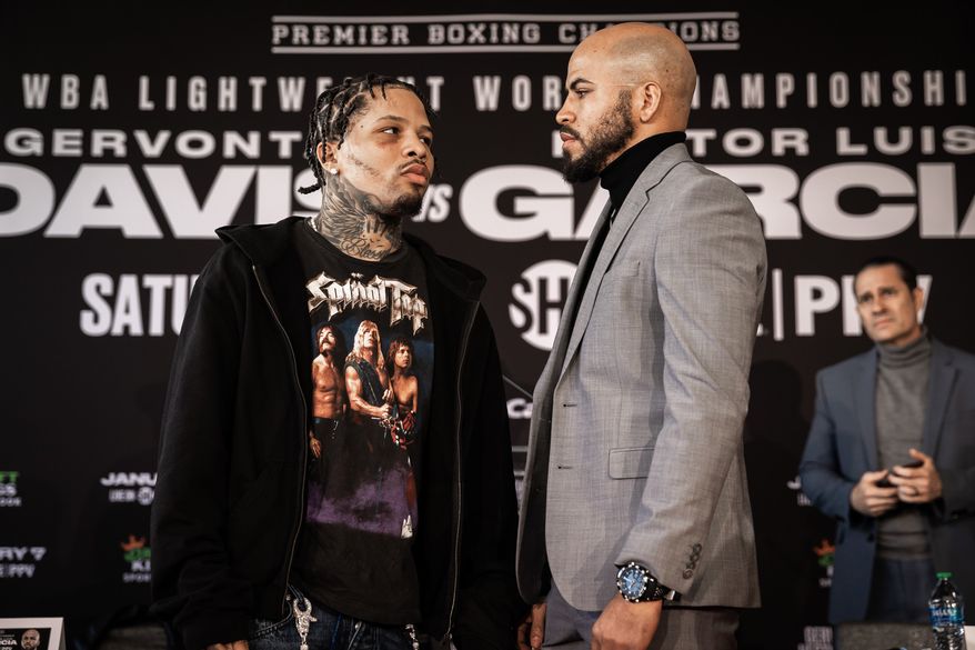 WBA lightweight champion Gervonta Davis poses for a staredown with challenger Hector Luis Garcia ahead of a Jan. 7 fight at Capital One Area (photo courtesy of Amanda Wescott/Showtime)
